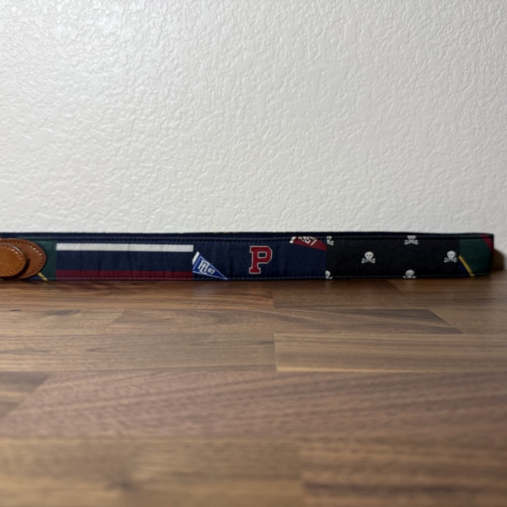 Polo Ralph Lauren Men 36 Belt Varsity Collegiate Skulls Patchwork Fabric/Leather - Picture 4 of 8